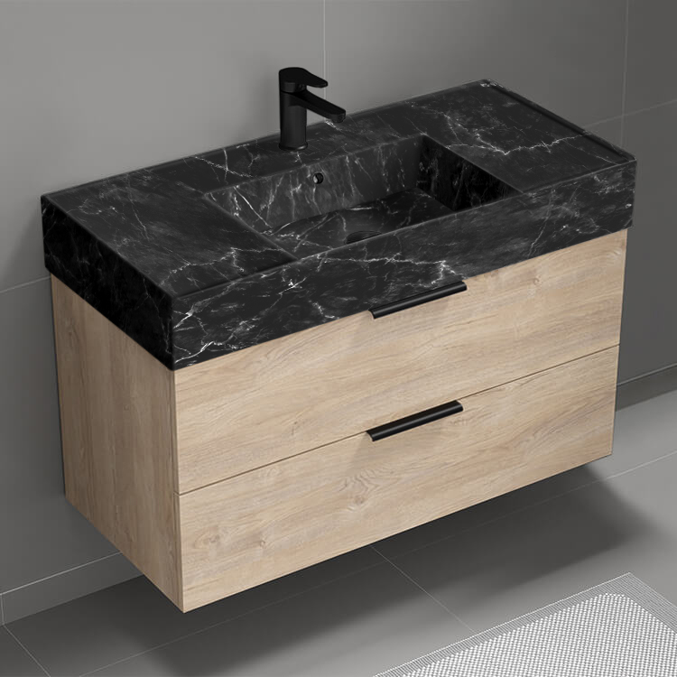 Nameeks DERIN903 Modern Bathroom Vanity With Black Marble Design Sink, 40 Inch, Wall Mounted, Brown Oak